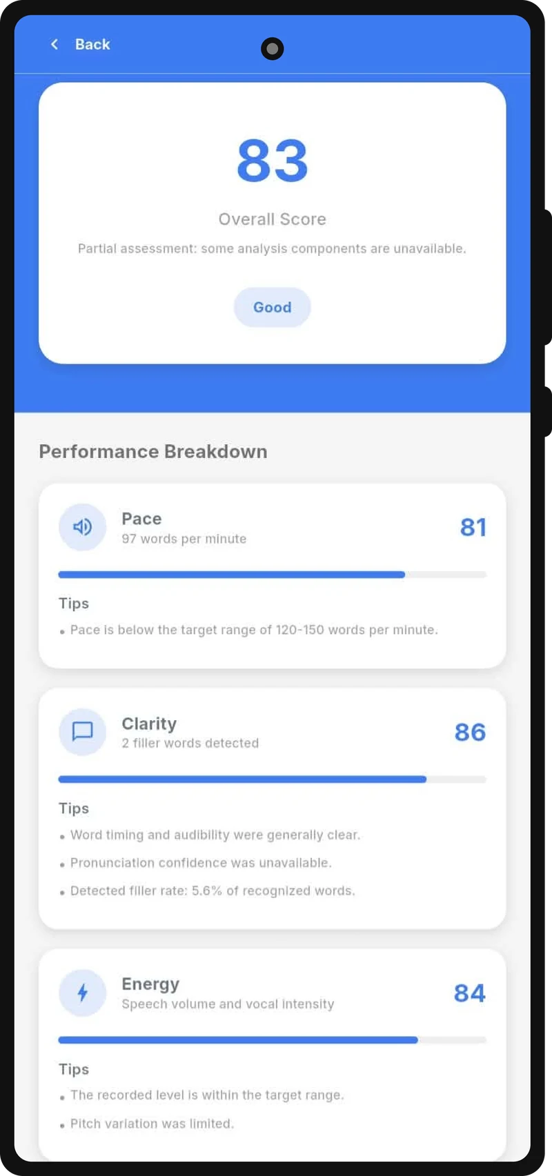 The iSpeak results screen: an overall score of 83, then pace, clarity and energy scores, each with tips for the next take.